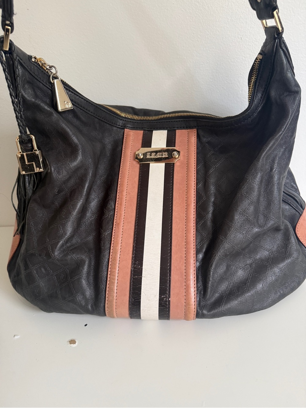 L.A.M.B by Gwen Stefani Black Leather Racing Stripe Hobo Shoulder Bag Y2K